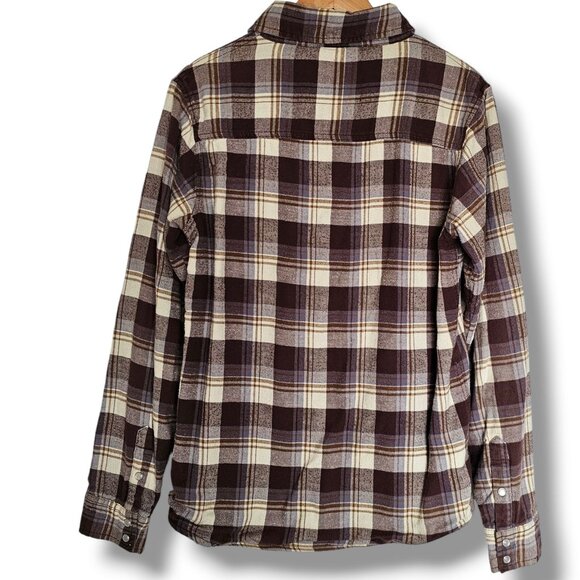 Chor Plaid Flannel Shirt Shacket Thermal Lining Pearl Snaps Pockets Size M Brown - Picture 2 of 14